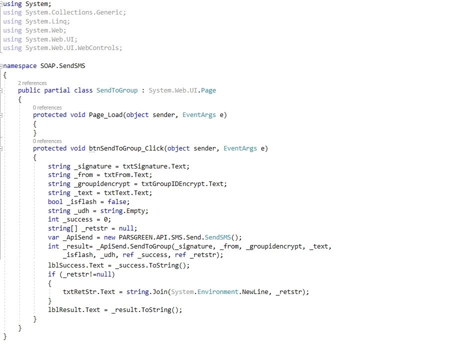 وب سرویس - وب سرویس پیام کوتاه - api ارسال پبامک - ارسال SMS گروهی انبوه - وب سرویس ارسال پیامک به یک گروه مخاطب خاص - web service ارسال پیامک انبوه با کامپیوتر - وب سرویس ارسال پیامک گروهی - وب سرویس ارسال پیامک رایگان - ارسال پیامک گروهی با برنامه نویسی – نمونه کد استفاده از وب سرویس پیام کوتاه