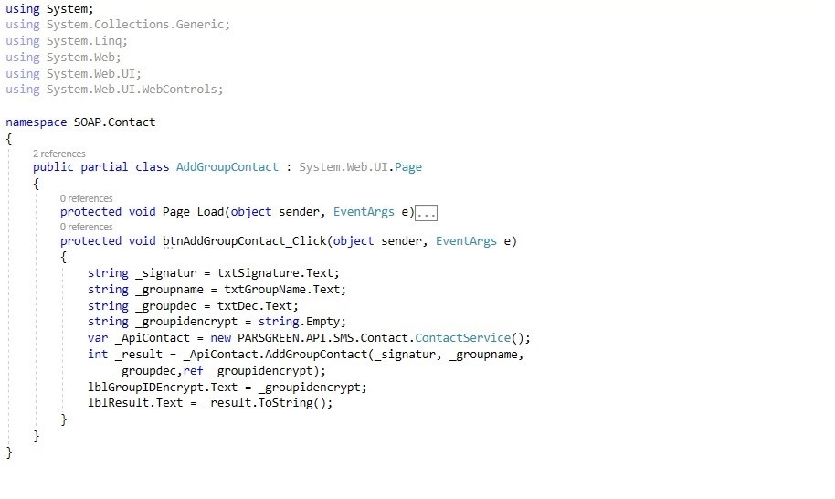 وب سرویس ارسال پیامک متد ایجاد گروه مخاطب – وب سرویس ساخت گروه دفتر تلفن پنل پیامکی – وب سرویس رایگان ارسال پیام کوتاه - ساخت گروه مخاطب برای ارسال پیامک گروهی – نمونه کد وب سرویس پیام کوتاه - web service دسته بندی مخاطبین پیامکی – ارسال پیام تبلیغاتی با وب سرویس - وب سرویس ایجاد گروه مخاطب