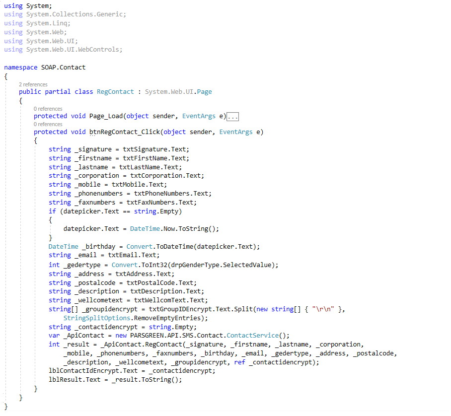 وب سرویس ارسال SMS متد ثبت مخاطب – API رایگان ارسال پیام کوتاه - web service ثبت مخاطب جدید برای ارسال پیامک – وب سرویس ارسال پیامک به بلک لیست - ایجاد مخاطب جهت ارسال پیامک – نمونه کد استفاده از وب سرویس پیام کوتاه متد ثبت مخاطب - روش اتصال وب سرویس ایجاد مخاطب - آموزش تصویری وب سرویس پیام کوتاه