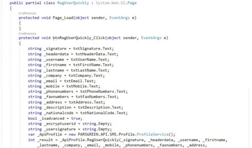وب سرویس ارسال پیامک - وب سرویس ثبت نام سریع کاربر برای ارسال پیام کوتاه - ثبت نام سریع کاربر در پنل SMS با وب سرویس - API ثبت نام کاربر جهت ارسال پیامک – web service ثبت نام کاربر با برنامه نویسی - ثبت نام در پنل پیامک با سی شارپ – نمونه کد وب سرویس ارسال پیام کوتاه – روش کار با وب سرویس ارسال SMS