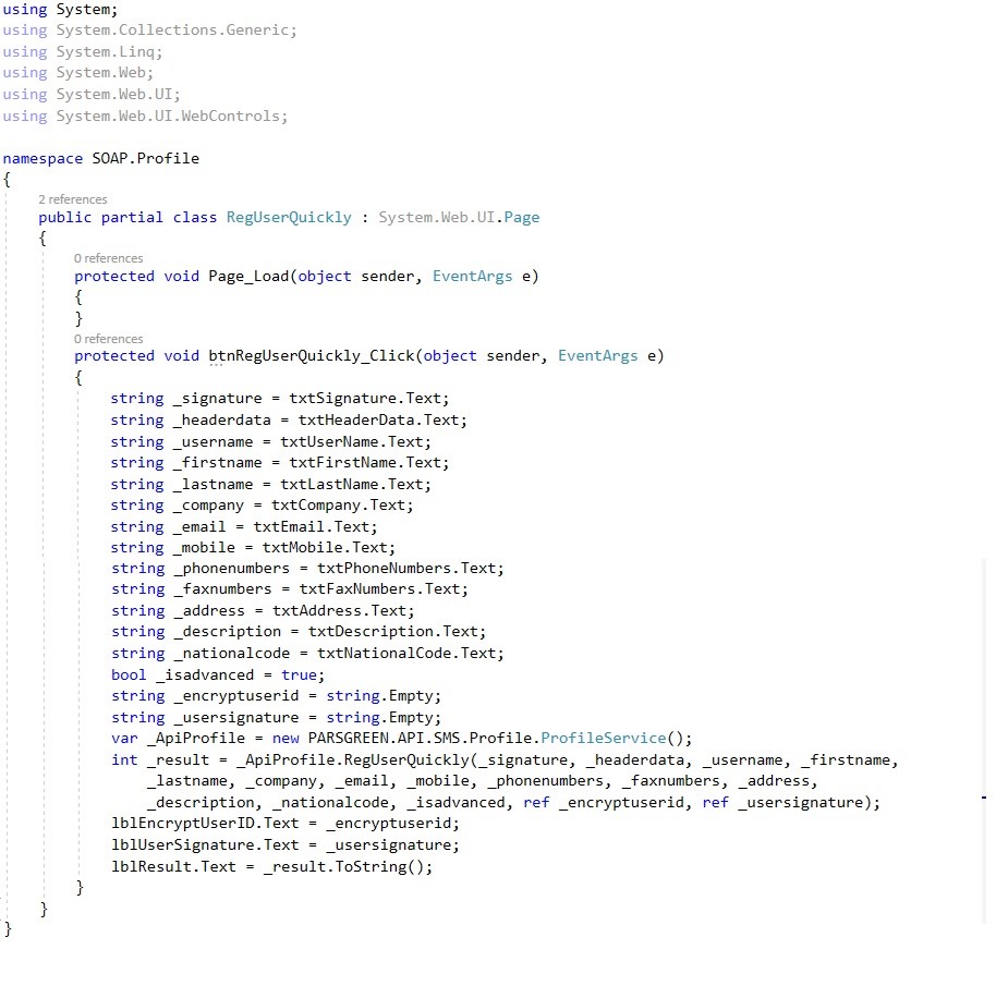 وب سرویس ارسال پیامک - وب سرویس ثبت نام سریع کاربر برای ارسال پیام کوتاه - ثبت نام سریع کاربر در پنل SMS با وب سرویس - API ثبت نام کاربر جهت ارسال پیامک – web service ثبت نام کاربر با برنامه نویسی - ثبت نام در پنل پیامک با سی شارپ – نمونه کد وب سرویس ارسال پیام کوتاه – روش کار با وب سرویس ارسال SMS