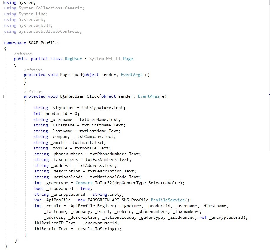 وب سرویس سامانه پیام کوتاه متد ثبت نام کاربر - Web Service ارسال اس ام اس و ثبت نام کاربر جدید - API ثبت نام کاربر جدید سامانه پیام کوتاه - روش ایجاد کاربر در پنل پیامک با وب سرویس - روش استفاده از وب سرویس ارسال پیام کوتاه - نمونه کد وب سرویس SMS - ثبت نام کاربر در پنل پیامک با برنامه نویسی