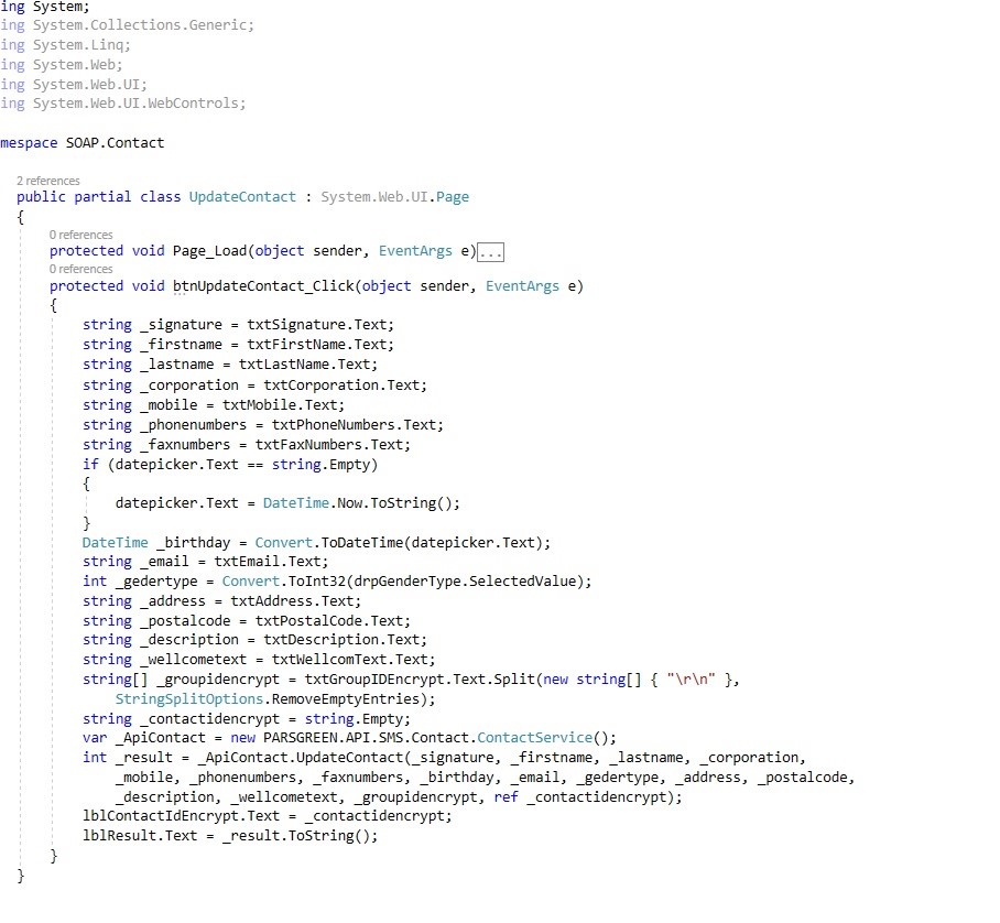 وب سرویس پیامک متد ویرایش مخاطب - نمونه کد وب سرویس رایگان پیامک - وب سرویس – روش اتصال وب سرویس ویرایش مخاطب به پروژه – نمونه کذ وب سرویس ارسال پیامک - اموزش وب سرویس پیامک - web service ویرایش مخاطب برای ارسال پیامک - ویرایش مخاطب جهت ارسال پیامک - ویرایش مخاطب پیامکی با استفاده از API